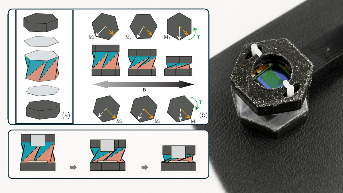 Diagram of the magnetic actuation and compression of a Kresling origami millirobot